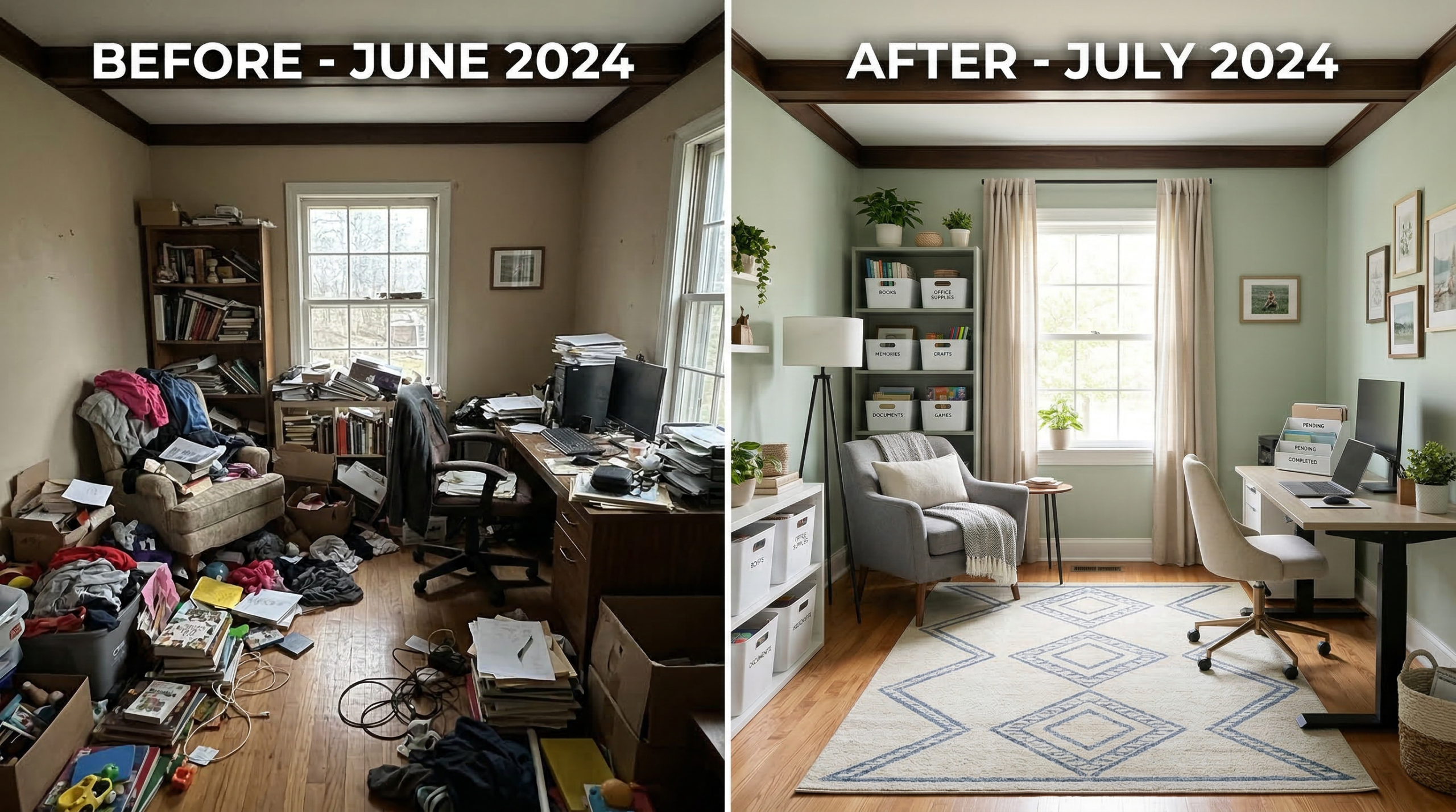 Before and after comparison of a home office: the before shows a cluttered, stressful space; the after shows a calm, organized room with clear zones and labeled storage