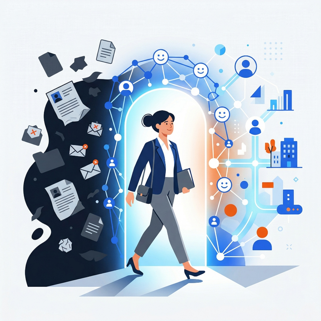 Job seeker walking through a networking gateway, leaving behind the application black hole of rejected resumes toward a bright world of professional connections and opportunities