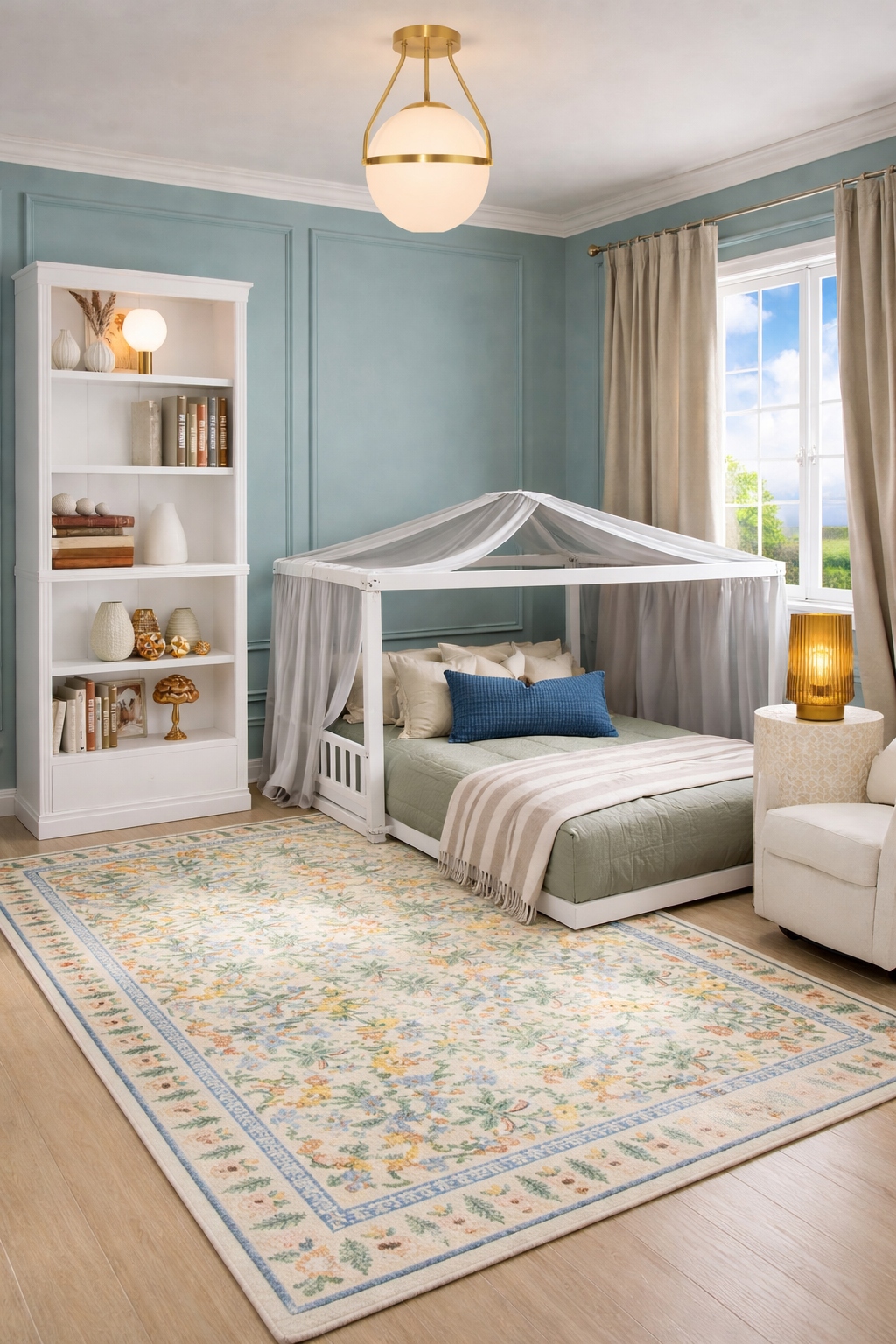 After: calming teen bedroom with canopy bed and blue walls