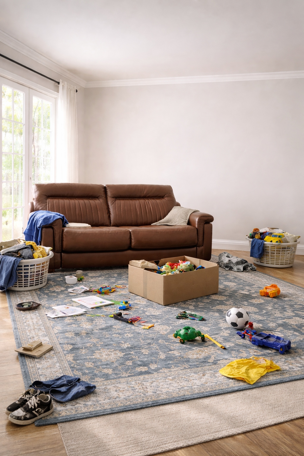 Before: cluttered living room with toys and laundry