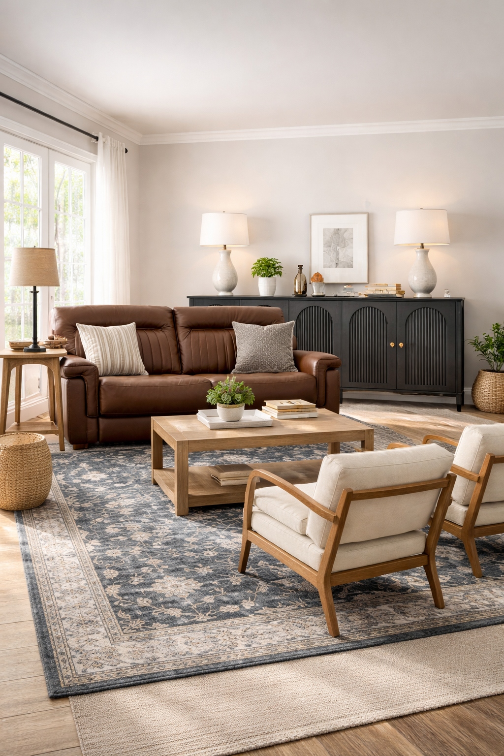 After: organized living room with leather sofa, accent chairs, and console